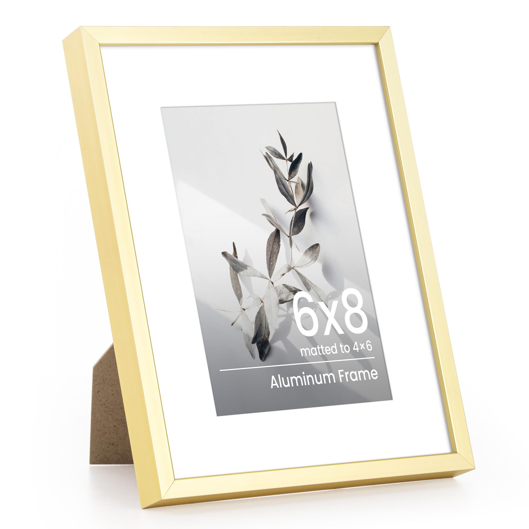 6x8 Photo Frame, Aluminium Gold 6x8 inch Picture Frame, 6x8 Poster Frame with Mount for 4x6 Photo with Tempered Real Glass