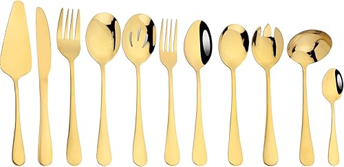 Miniatura 1 de Gugrida Gold Silverware - Juego de 11 piezas de cubiertos de acero inoxidable 304 con revestimiento de titanio dorado, cucharas para servir,