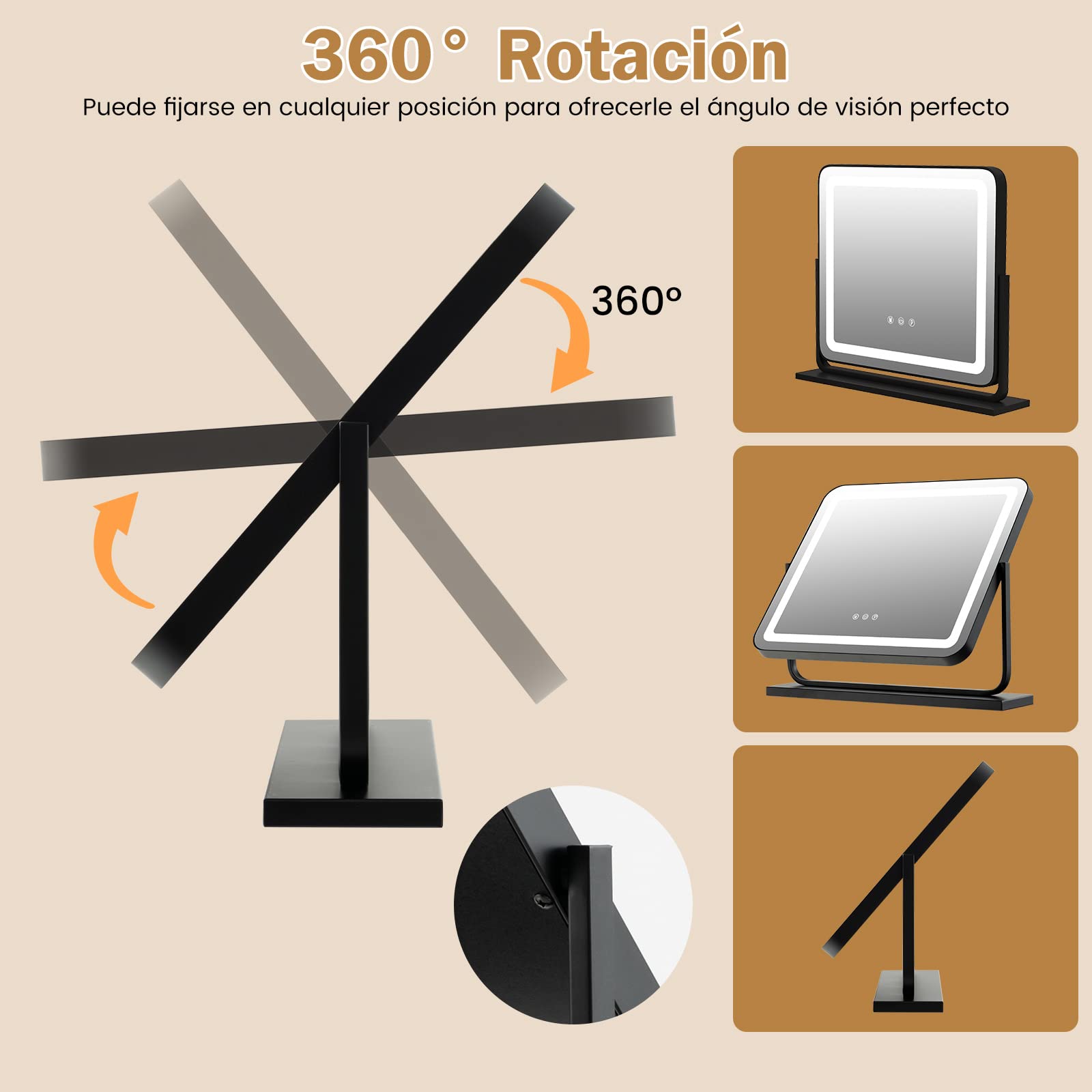 COSTWAY Espejo Maquillaje de Luz Led, Espejo Tocador con 3 Modos de Iluminación de Color, Espejo con Luz, Pantalla de Control Táctil y Rotación de 360°, 50 x 44cm