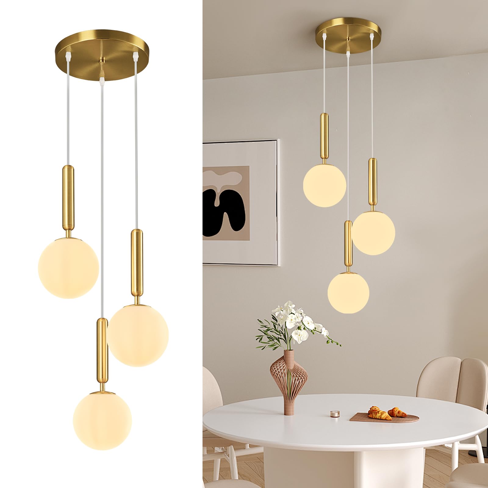 ZPBSJ Modern Golden Light Pendant for Kitchen Island Mid Century Pendant Lights with Ball Milky White Glass Pendant Light for Dining Room Bathroom Entrance Bedroom(3-Light)