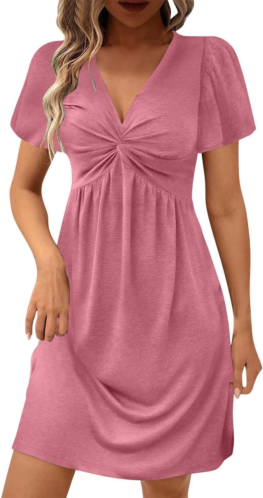 Womens Summer Dress Twist Front V Neck Ruffle T Shirt Dress Elegant Sleeveless Club Party Tunic Bodycon Mini Dresses