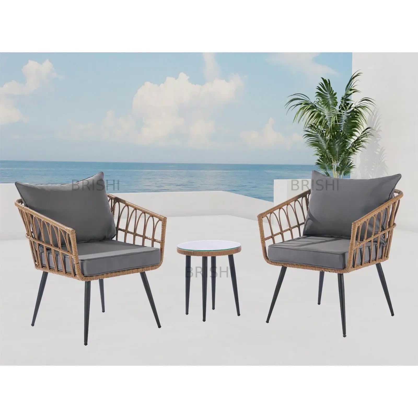 BRISHI Garden Patio Seating Chair and Table Set Outdoor Balcony Garden Coffee Table Set Furniture with 2 Chairs Set with Cushion and 1 Table (Light Brown/Grey)-image-29