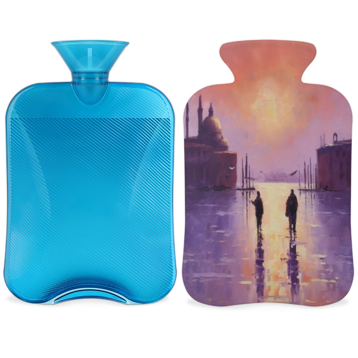 Hot Water Bottle with Soft Cover,2L Oil Painting City Hot Water Bag for Hot and Cold Compress, Hand Feet Warmer, Sunset City Rubber Hot or Cold Water Bottle Halloween Christmas Decorations