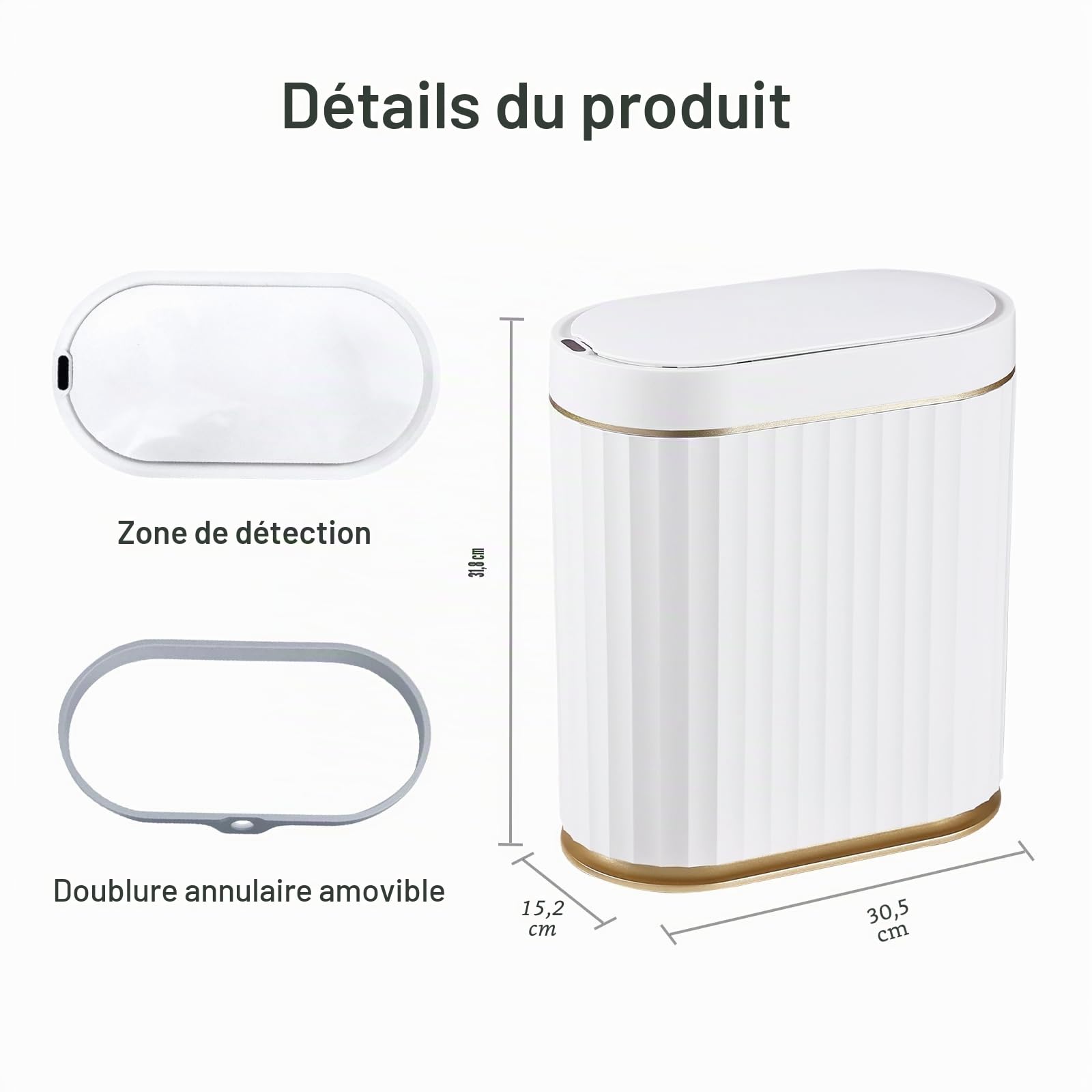 ELPHECO petite poubelle automatique de salle de bain avec couvercle, poubelle fine intelligente de 2 gallons, en plastique, poubelle étroite à capteur de 10 litres