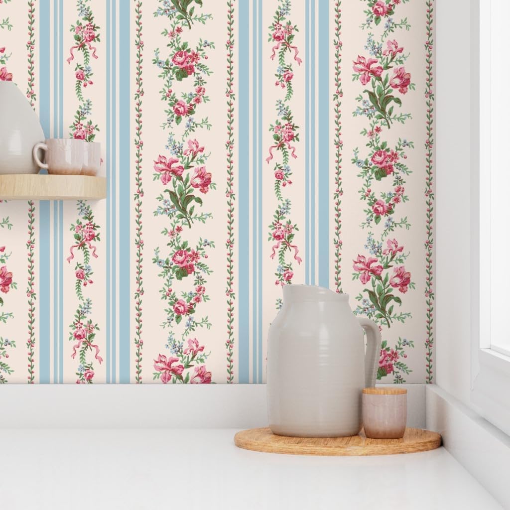 Peel & Stick Wallpaper Swatch - Grandmillenial Floral Stripe Pink Cream Blue Shabby Chic Custom Removable Wallpaper by Spoonflower