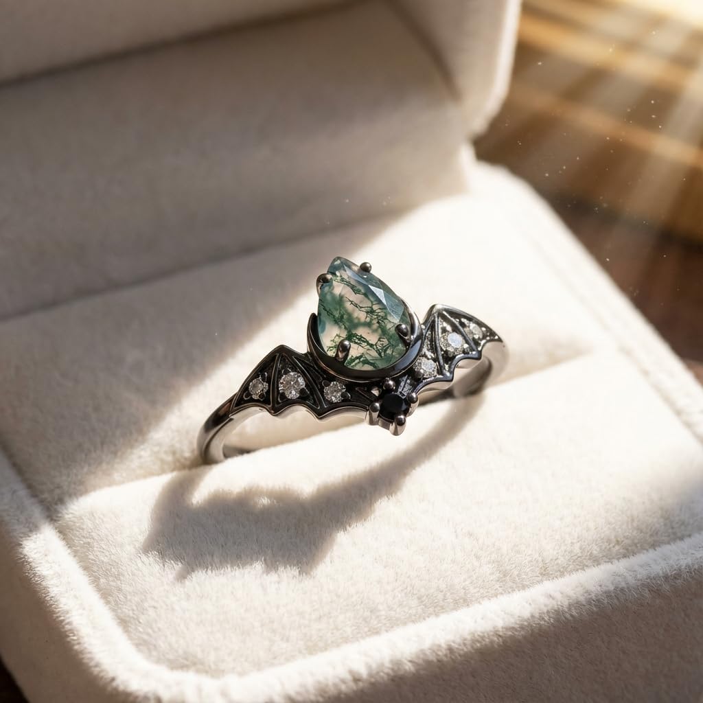 Natural Moss Agate Engagement Black Ring Set for Women Customizable 10K /14K /18K Solid Gold Gothic Promise Wedding Stacking Rings Free Engraving Size 4-15