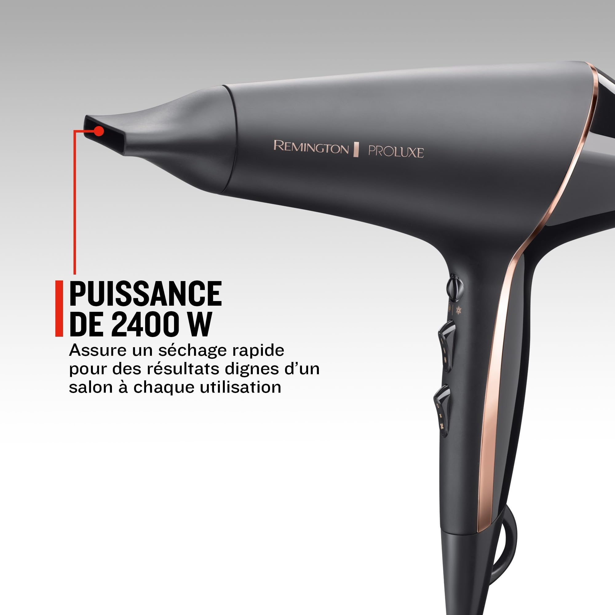 Remington Sèche-cheveux Ionique PROluxe Midnight 2400W Moteur AC Pro Durable Soin Ionique 3 Concentrateurs 1 Diffuseur Volume