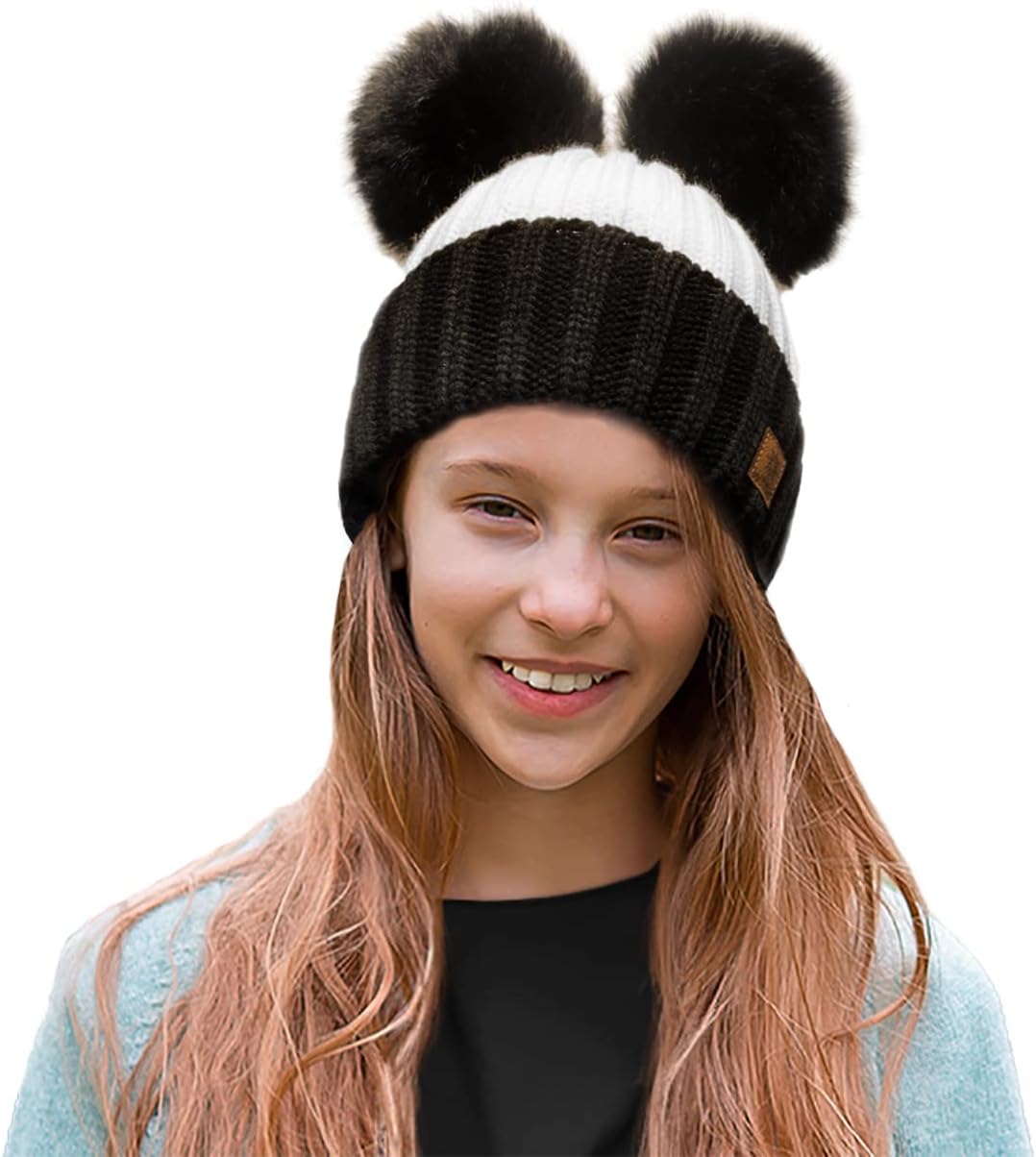 4sold Ribbed Striped Thermal Insulating Bobble Funny Beanie Baby Kids Girls Boys Hat Wool Knitted with Pom Pom Winter Warm SKI Snowboard Hats