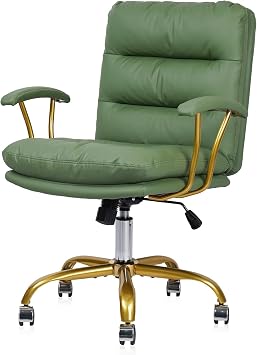 KLASIKA Ergonomic Desk Chair with Wheels and Arms, Swivel Faux Leather Office Chair with Gold Base, Adjustable Height Modern Computer Chair for Office, Home, Bedroom, Vanity, Green