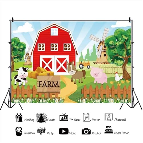 Miniatura 2 de OERJU Fondo de dibujos animados de granja de animales de 10 x 7 pies, casa roja, molino de viento, zoológico, lindo cerdo, vaca, fondo de animales,