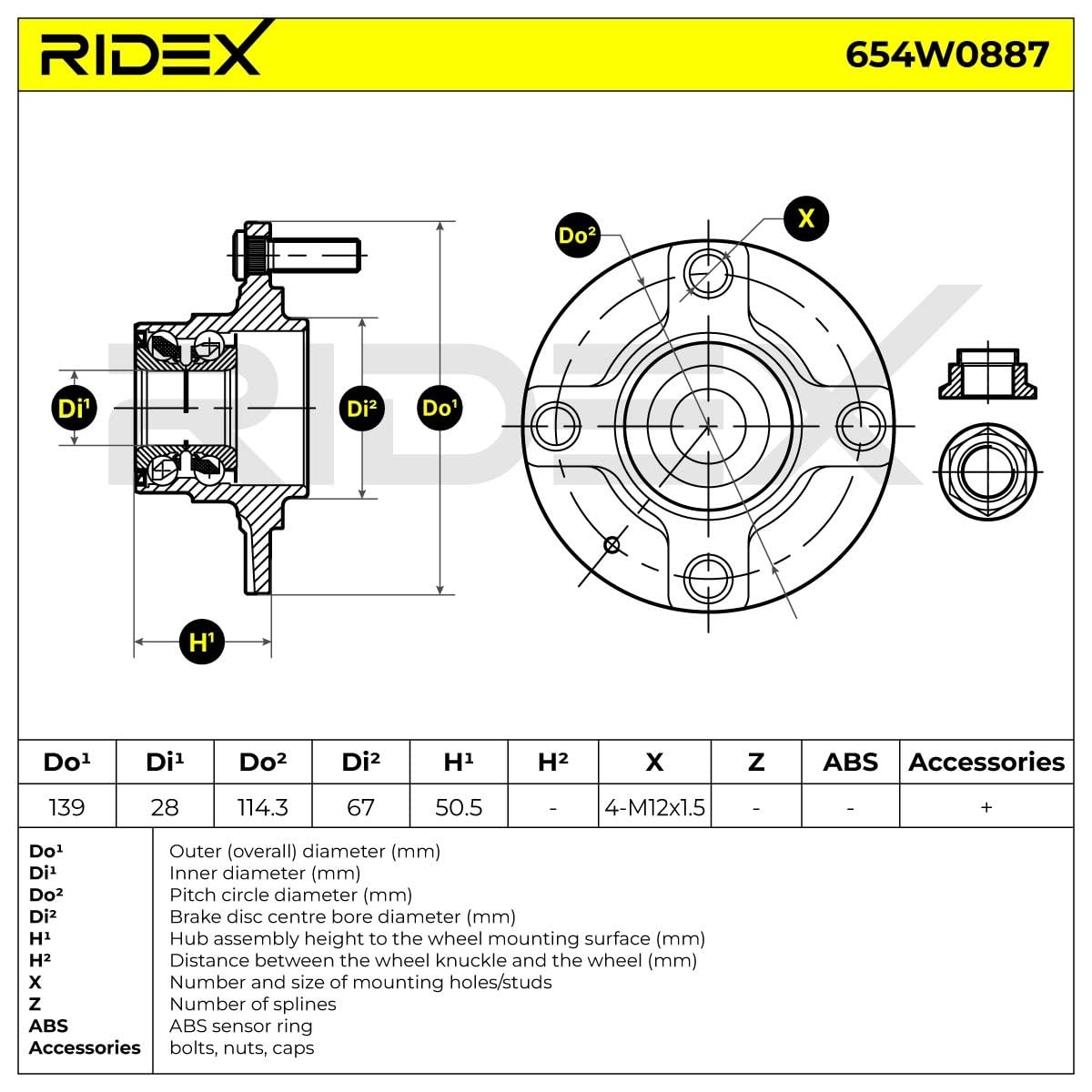Łożysko Koła RIDEX 654W0887 139mm Kompatybilny z HYUNDAI COUPE RD ACCENT sedan X-3 ACCENT I X-3 LANTRA II J-2 LANTRA II Wagon J-2