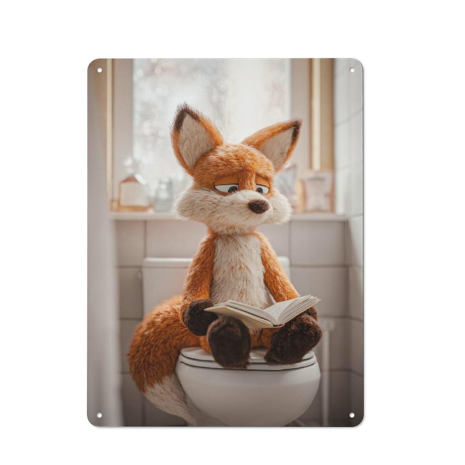 Junmoney Style-17 Fox Reading A Book On A Toilet Retro Tin Wall Plaque 40X30cm For Home Office Or Studio, For Cooler-Month Interiors With Retro Character