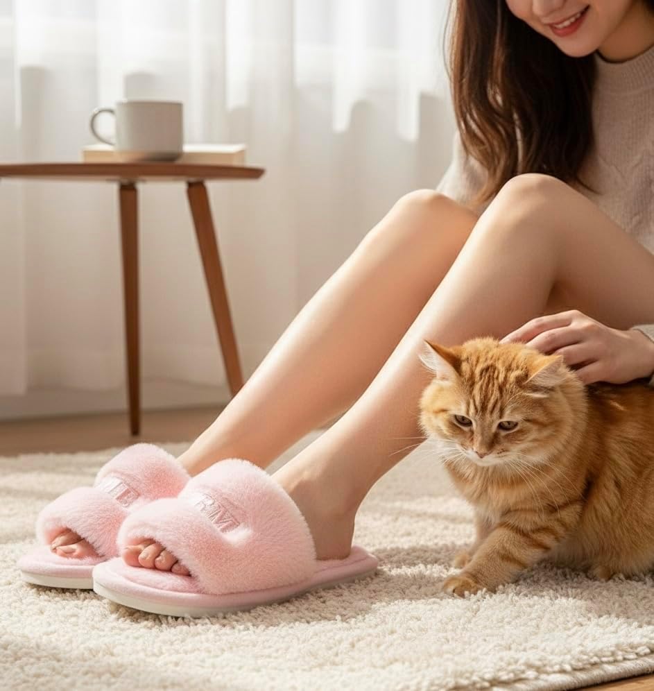 Women’s Fuzzy Open-Toe House Slippers, Soft Indoor Slides, Cozy Plush Home Shoes with Anti-Slip Sole for Bedroom, Living Room;Pink - Image 8