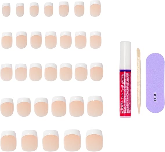 KISS CORE French Tip Press On Nails, ‘If You Dare’, White, Real Short Squoval, 32 Count