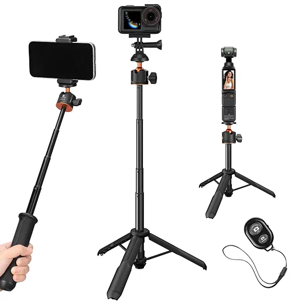 K&F CONCEPT Selfie Stick Tripod, 60cm/23.6" Extendable Ball Head Vlog Selfie Stick Handle for GoPro Hero 13/12/11 Max2 DJI Osmo 360 Pocket 3 Action 5 Pro iPhone 17.