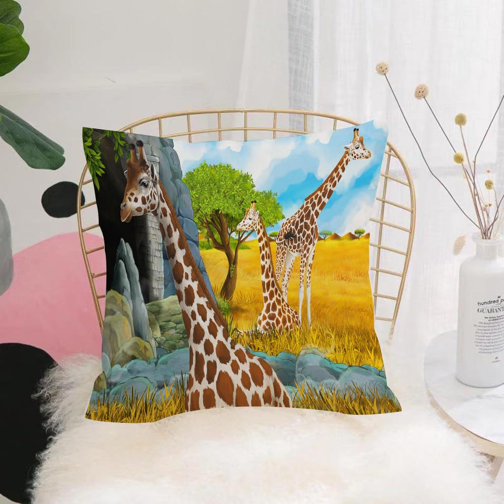HYOSXW Cushion Cover,Throw Pillow Case Home Decorative for Living Room Bedroom Sofa Chair 16X16 Inch,Giraffe, painted style prairie giraffe scene,Pillowcase 40X40cm