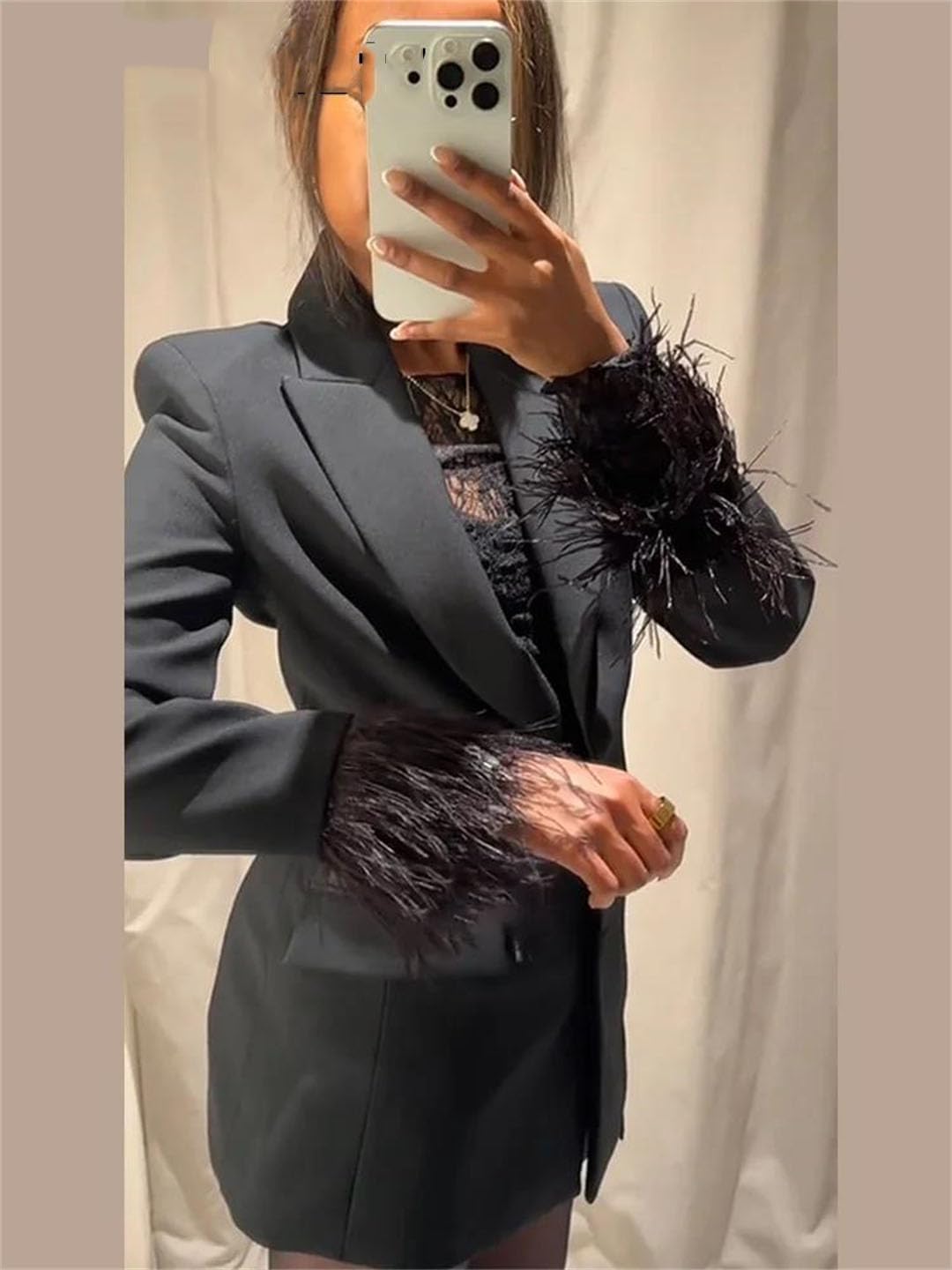 Women Feather Slim Blazer Pants Sets V-Neck Shoulder Pads Long Sleeve Buttons Set Daily Suits