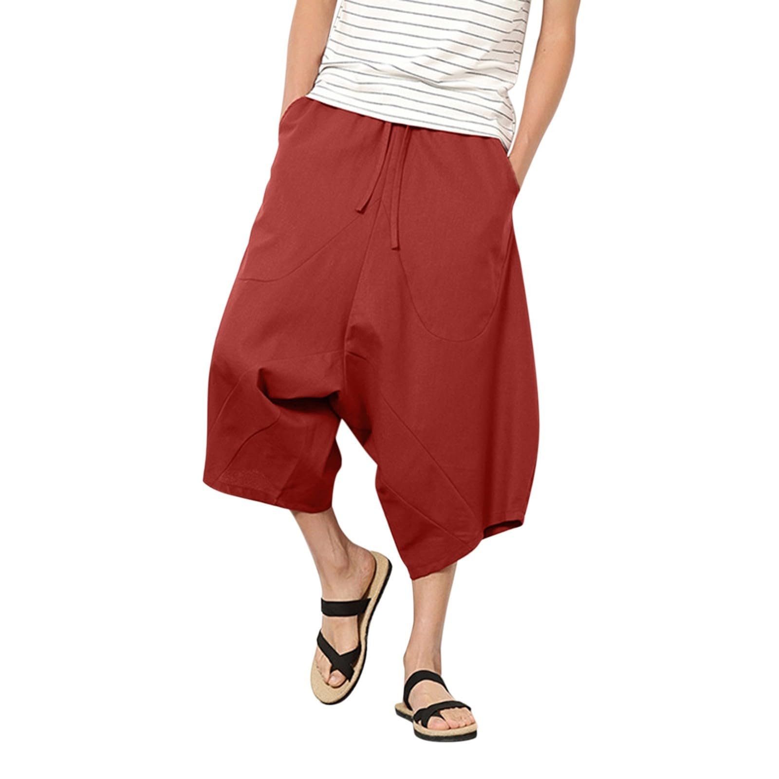 Men's Harem Pants Mens Summer Wear with Pockets Hippie Men Linen Shorts Oversized Bohemian Cotton Ninja Graphic Bag