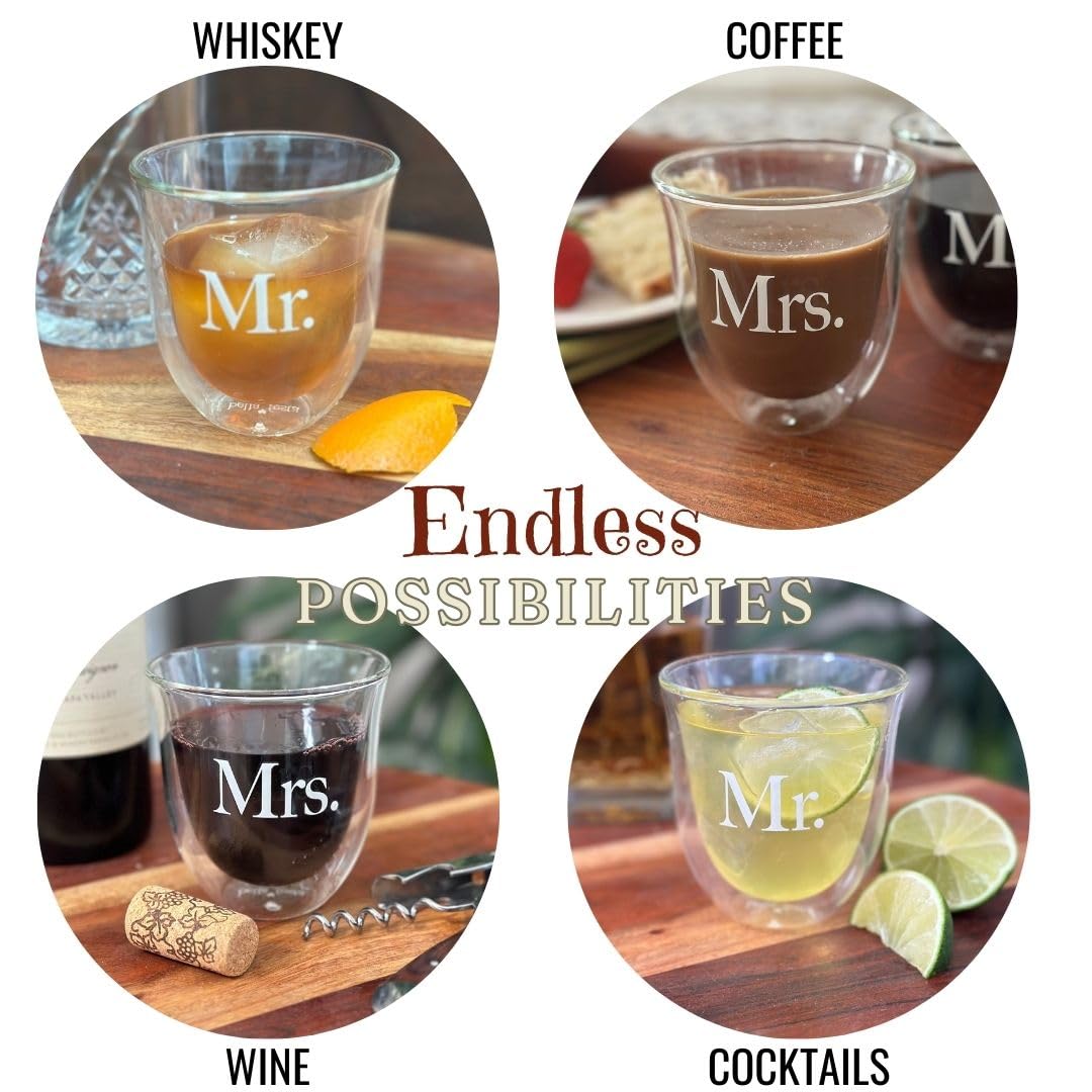 Mr and Mrs - Juego de copas de vino de whisky, regalos únicos de boda para novia, novio, compromiso, aniversario, recién casados, parejas, marido, esposa, taza para bebidas frías y calientes