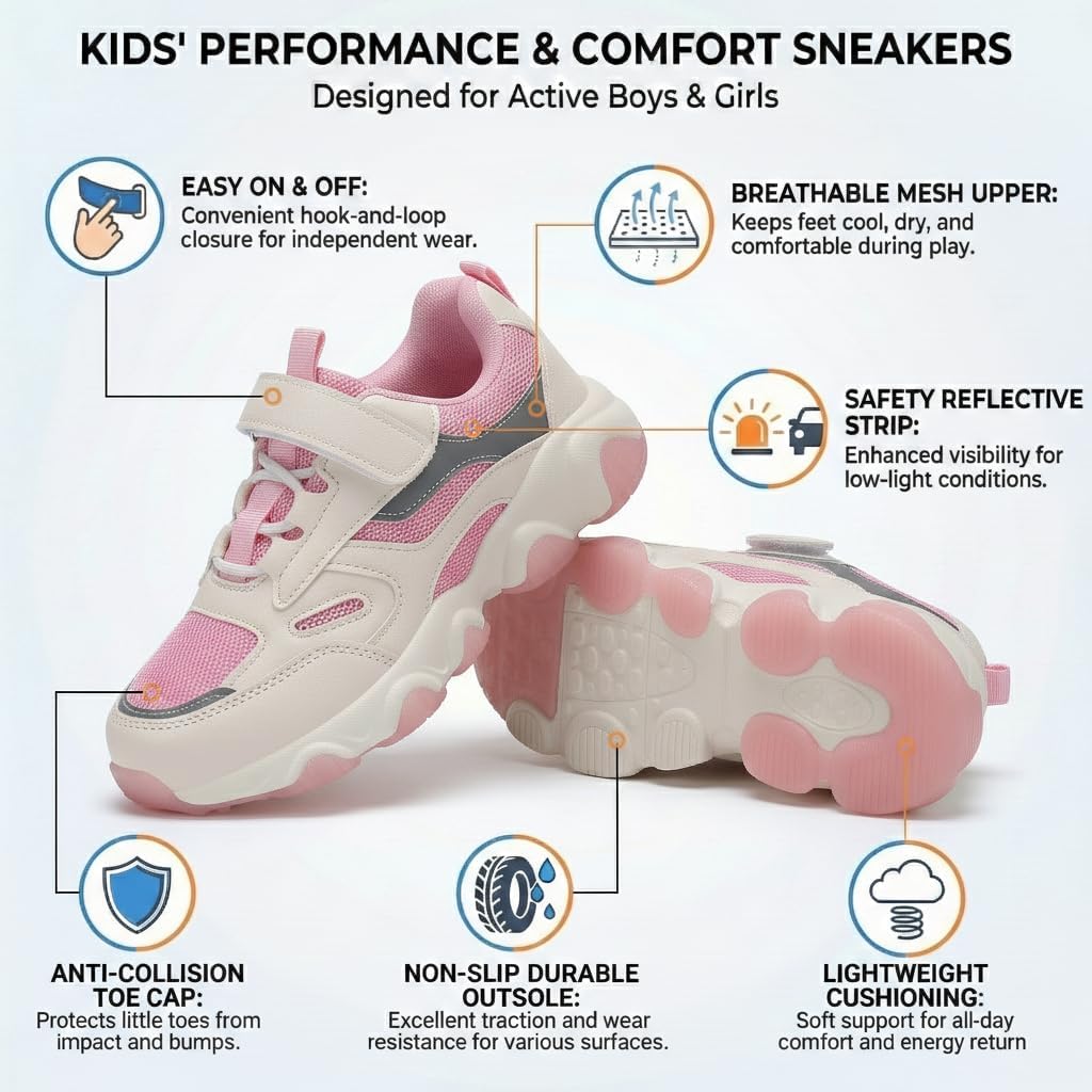 Boys Girls Sneakers for Kid Running Shoes Girls Casual Lightweight Classic Adjustable Strap Sneakers