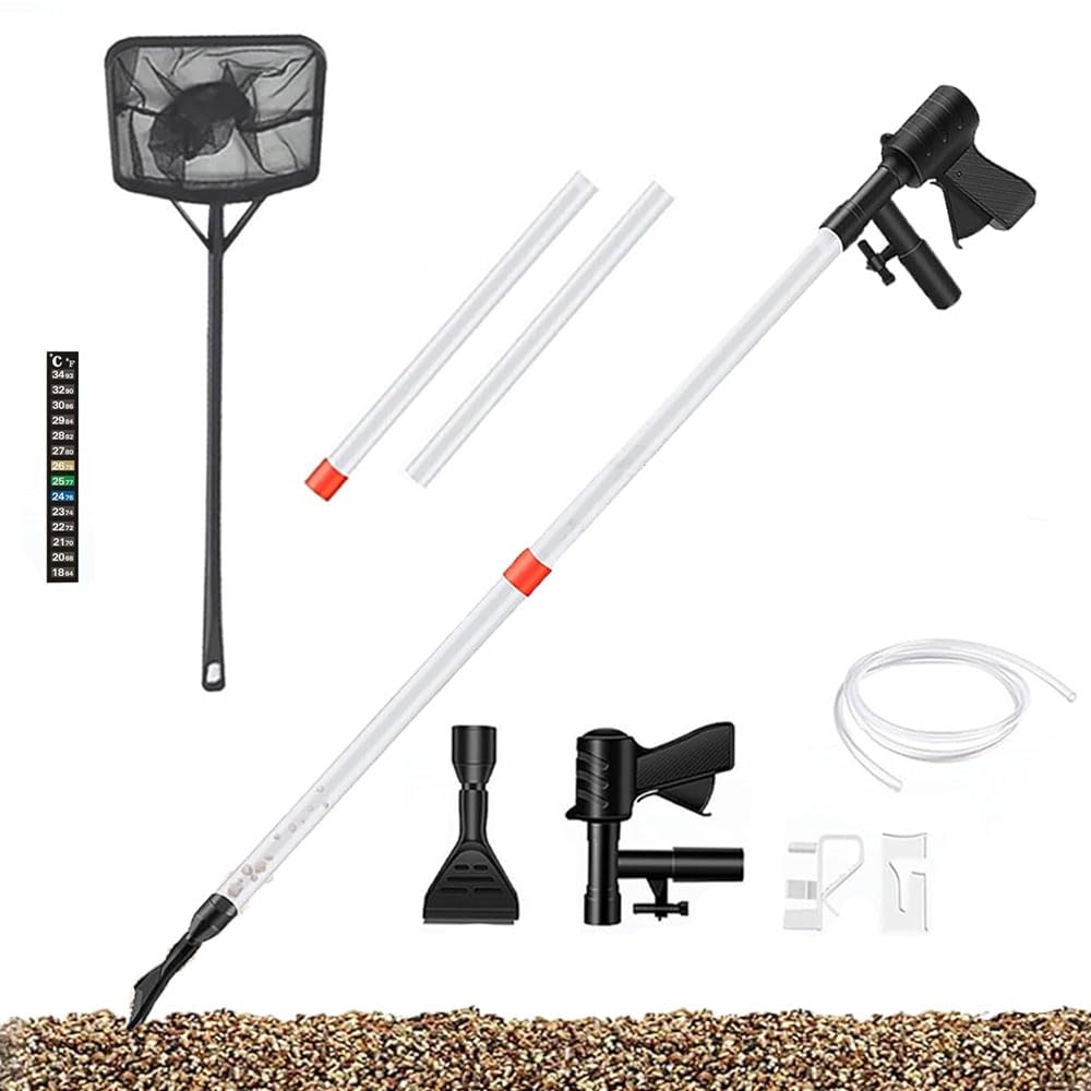 Basuit Fish Tank Vacuum Cleaner, Water Changer Tools Gravel Sand Cleaner, Filtered Syphon Pump Siphon Pump,Daily Water Changing Filter, Pneumatic Button Thermometers Fish Net Fish Tank Cleaning Kit