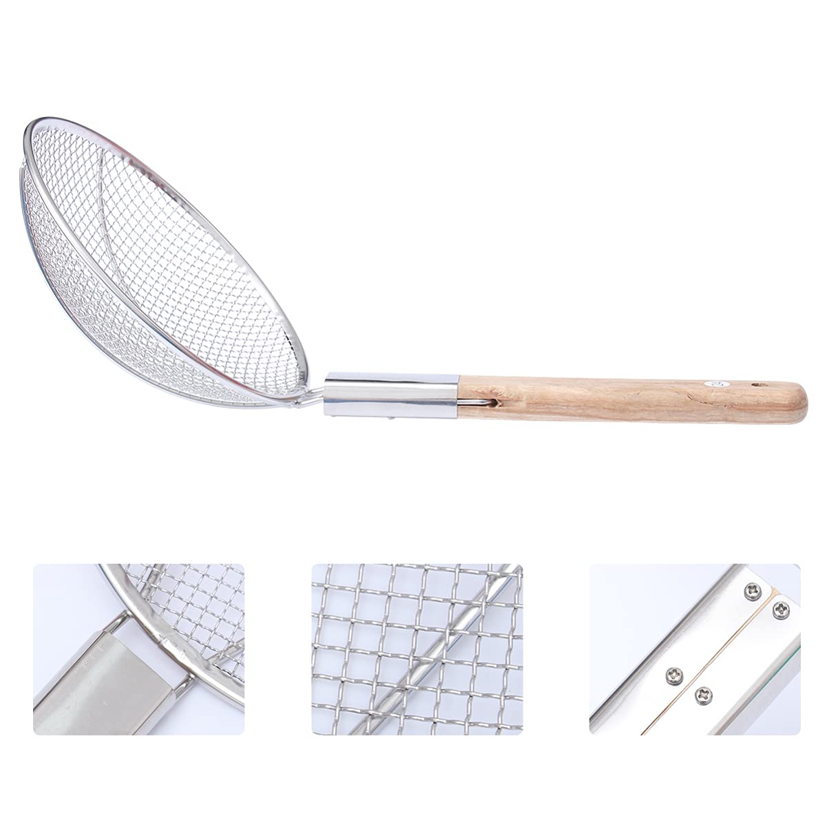 DOITOOL 24cm Diameter Stainless Steel Strainer Kitchen Skimmer Wooden Handle Ideal for Frying Cooking