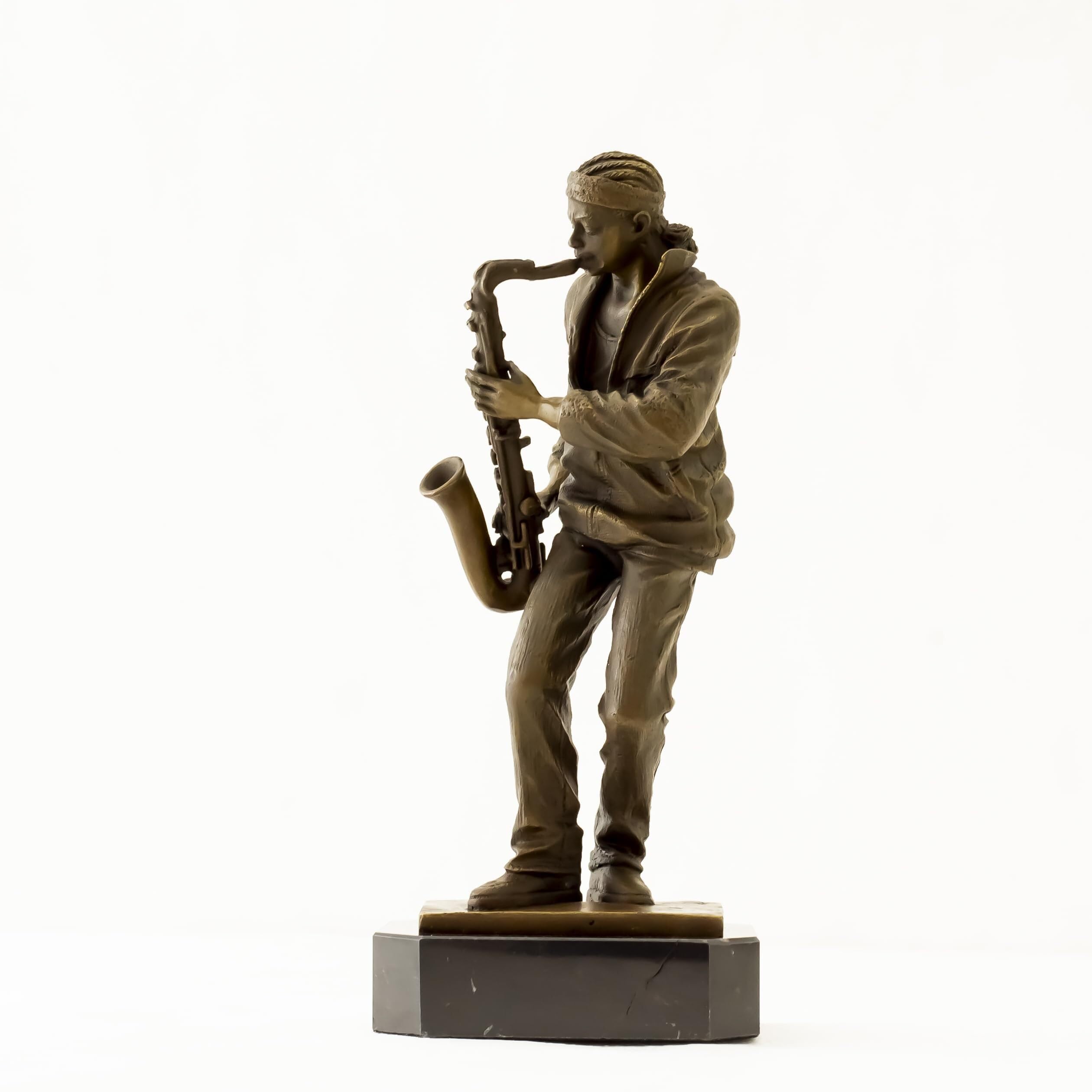 Scultura sassofonista della band jazz, statua di sassofonista da 29 cm su base in marmo nero, decorazione casual per la casa per amanti della musica e collezionisti