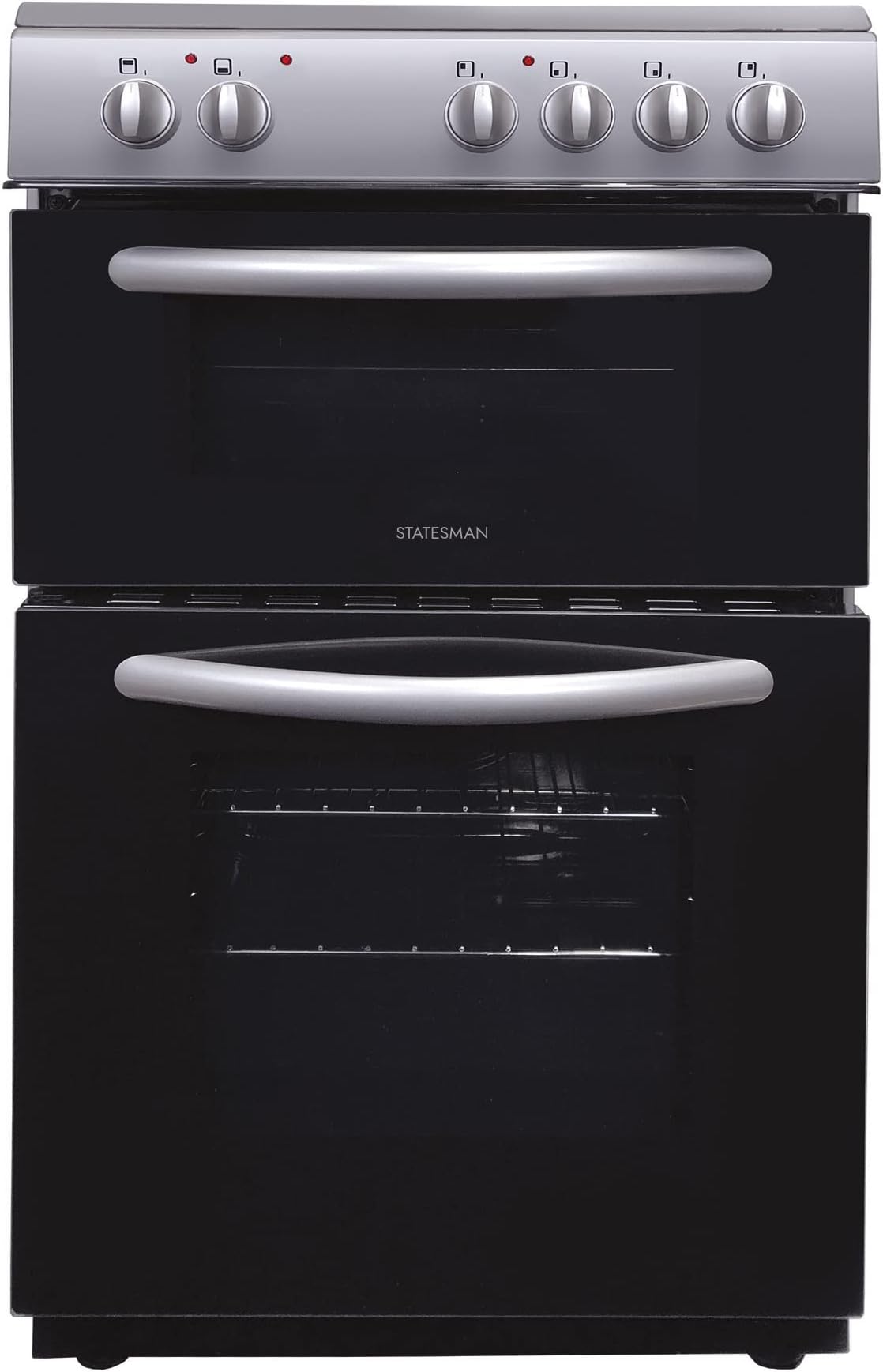 EDC50S Fan Assisted Double Oven Electric Cooker, 4 Zone Ceramic Hob, Integrated Grill, 50cm Wide, Double Glazed Door, 1 Deep Tray with Wired Chrome Grid, Silver