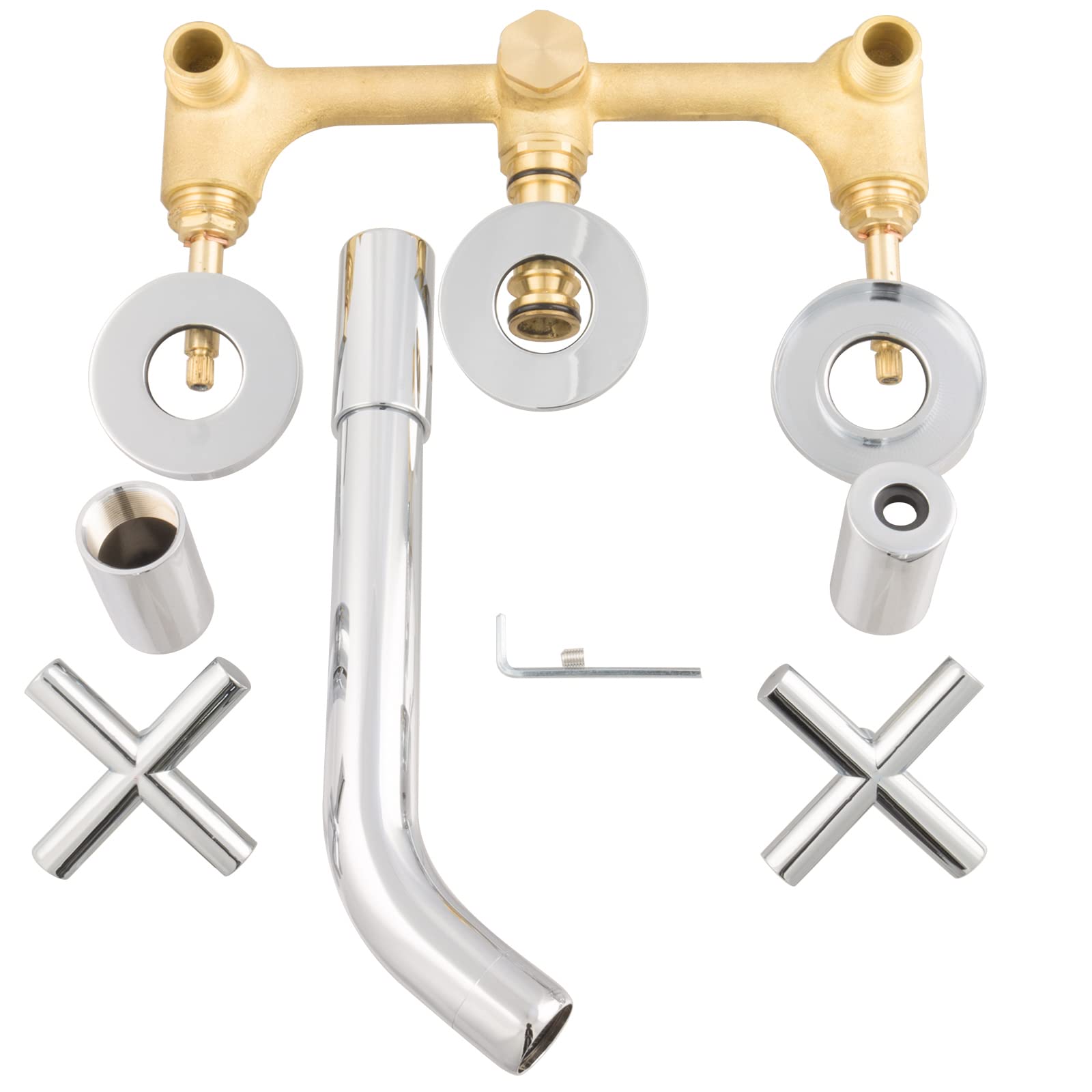 Set de Grifo de Lavabo Empotrado de 3 Orificios con Excentrador y Sifón, Latón Cromado, Grifo Monomando de Pared, Válvulas Cerámicas, Profundidad Instalación 55 mm