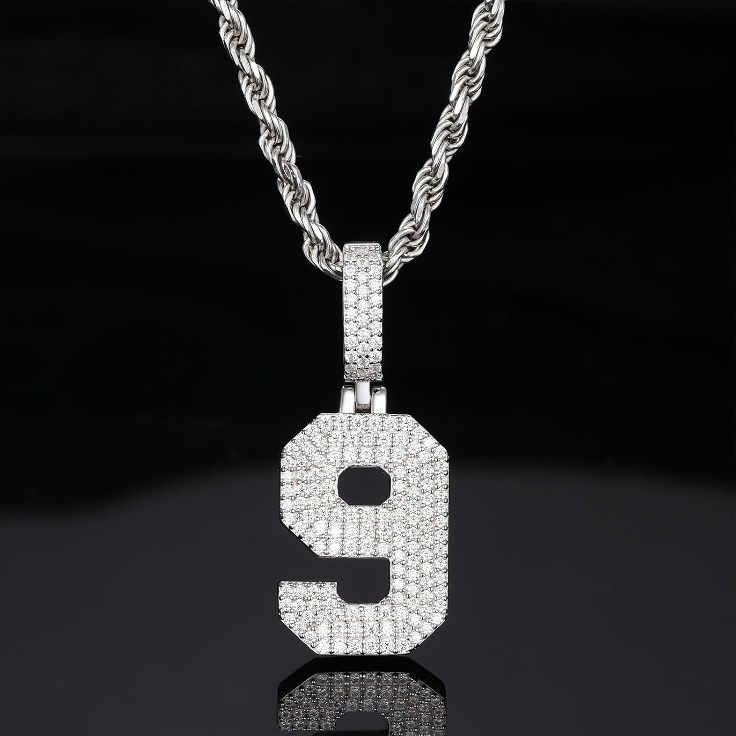 Lulu Mel Initial A-Z Letter Pendant Necklace Vvs D Moissanite Personalized Number Pendant With Rope Chain, Silver Plated Custom Iced Out Jewelry Charm Gift