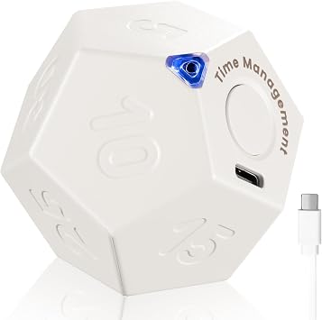 KADAMS Pomodoro Cube Timer الإنتاجية-11 العد التنازلي المحدد مسبقًا، تنشيط الجاذبية من الوجه إلى البداية - الصوت يهتز كتم الصوت القابل لإعادة الشحن - مثالي لممارسة دراسة الطبخ في فصل مطبخ الأطفال ADHD - أبيض