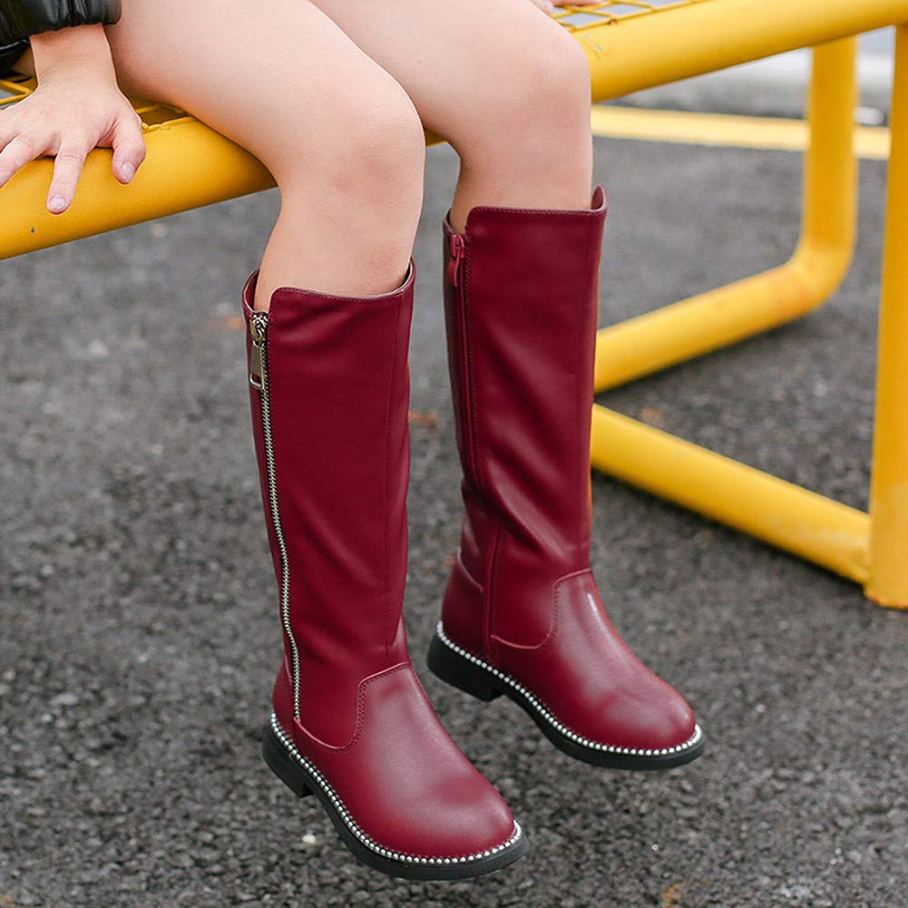 rismart - Botas de equitación altas para niña, tacón plano, cremallera lateral, forro de piel de invierno