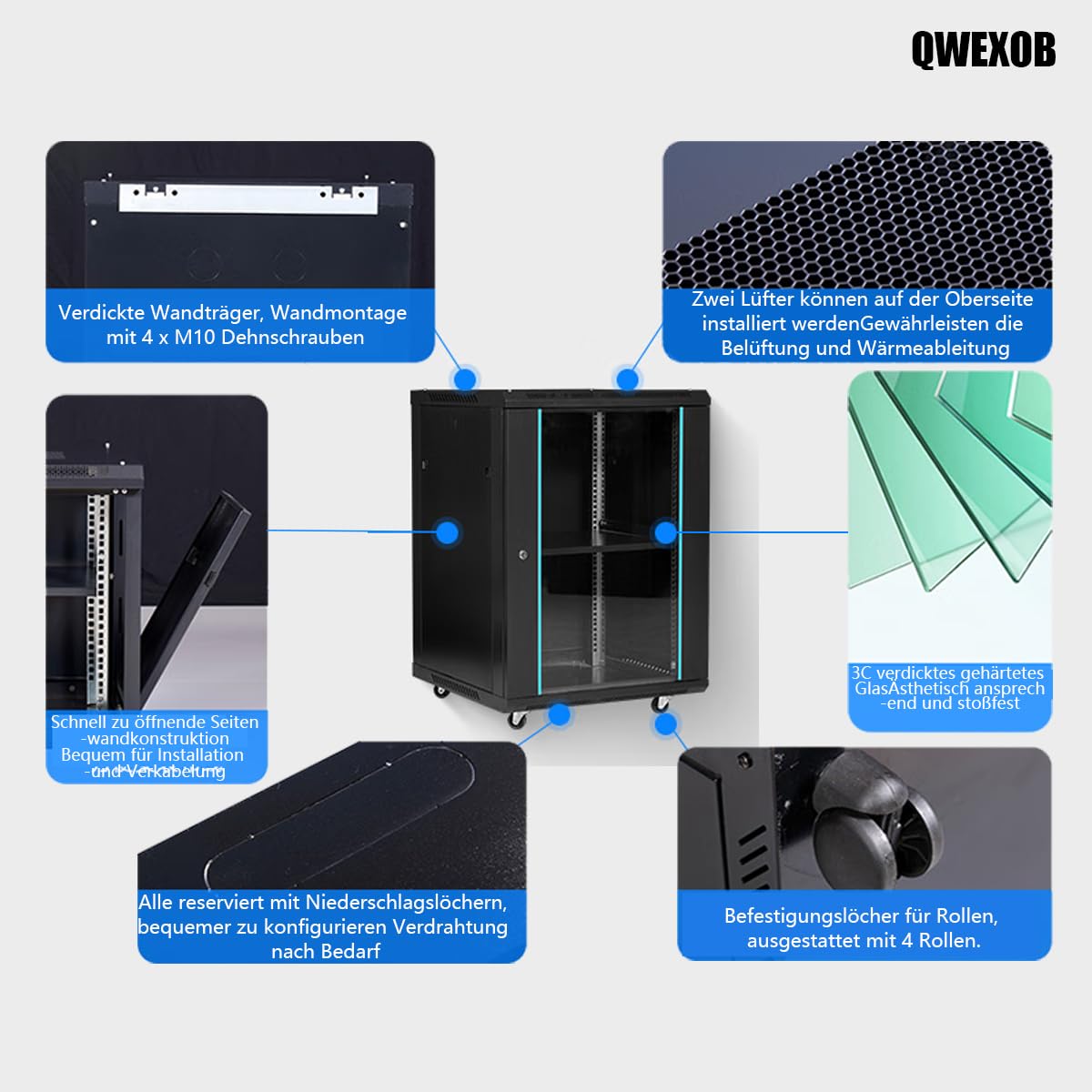 15U Netzwerk-Schrank 60x45x80cm Wandmontage Traglast 60kg | Glastür, schwarz, für Router und Switches.