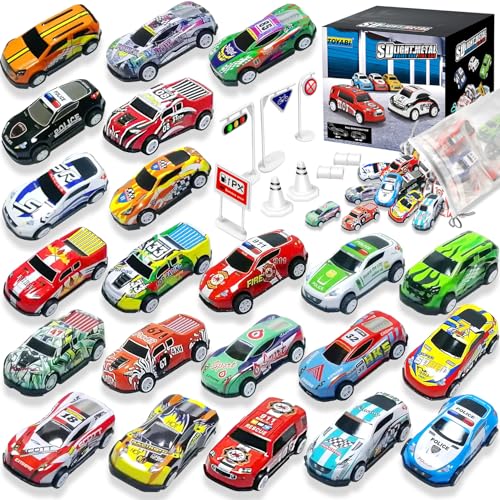 TOYABI Coches para Niños, Juguete Coche de Carreras, 22 Pack Micromachines de Retroceso de Metal con 8 Obstáculos, Mini Racers Cars Juguetes 3 4 5 6 7 8 Años, Navidad Cumpleaños Fiesta Regalos