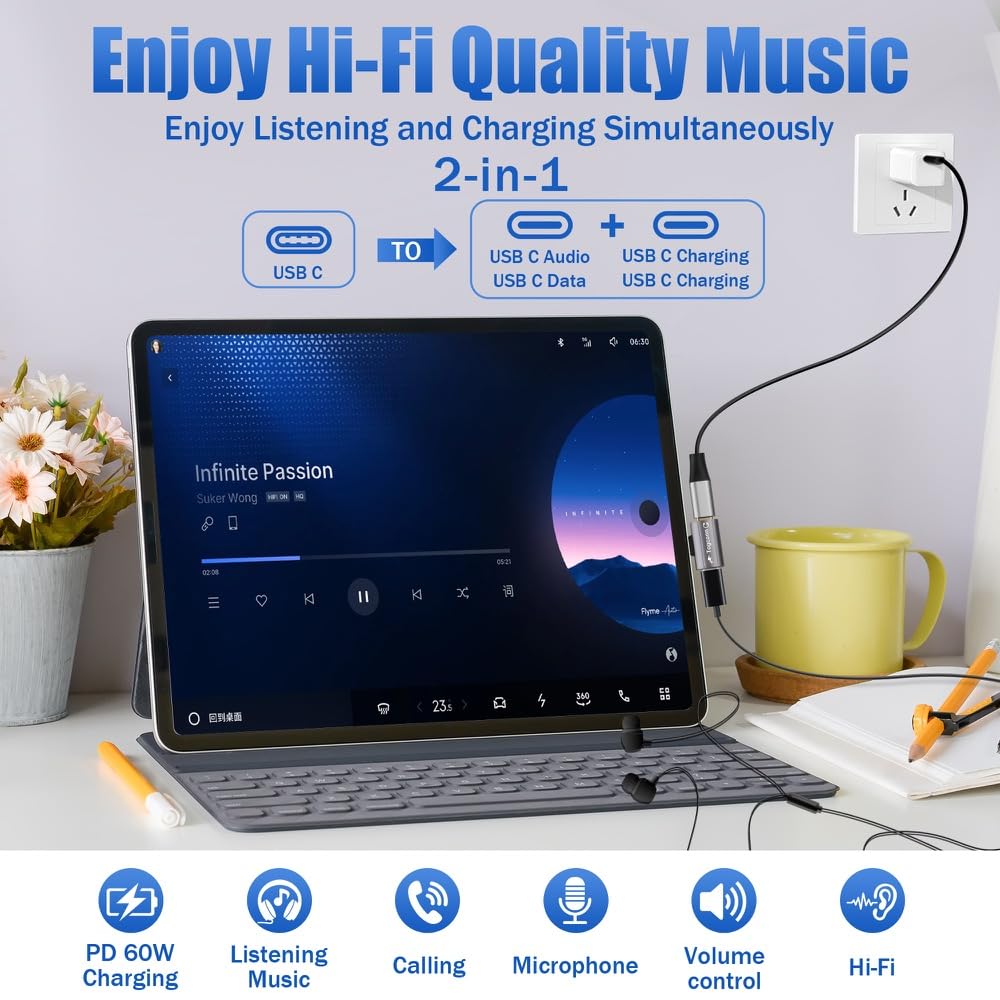 Dual USB C Headphone and Charger Adapter Splitter, 2-in-1 Type C to USB-C Audio Adapter with PD 60W Fast Charge, Type-C Splitter Dongle Converter for iPhone 16 Series, Galaxy S24/23, iPad Pro, Pixel 8