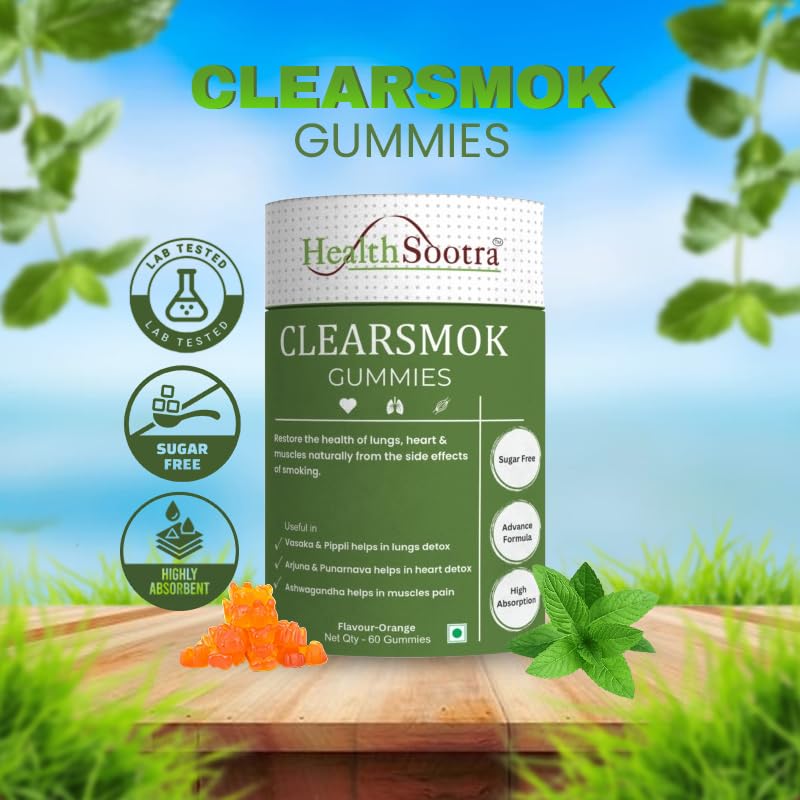 Image of Clearsmok Gummies - Unique Formulation Recover From Side Effects of Smokings on Heart , Lungs & Muscles| Sugar-Free Orange Flavor | Vasaka, Pippali, Arjuna, Punarnava, Ashwagandha | Advanced Formula | Natural Ingredients | 60 Gummies Pack | Complete Detox (Pack of 1)
