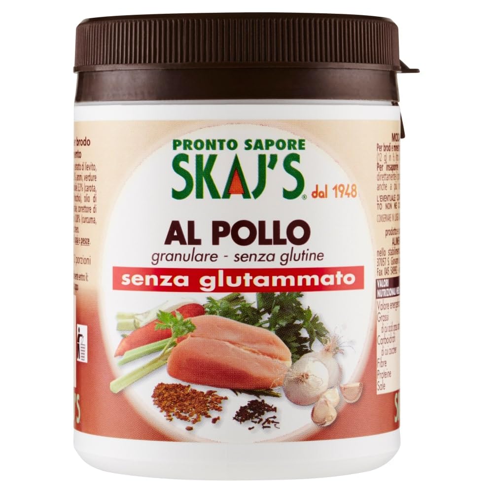 Preparato granulare per brodo e condimento gusto pollo, senza glutine, senza glutammato, senza conservanti, pochi grassi 150 g. 6 Pz