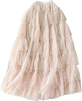 WDPL Womens High Waist Midi Beaded Pearl Ruffle Patchwork Party Skirt