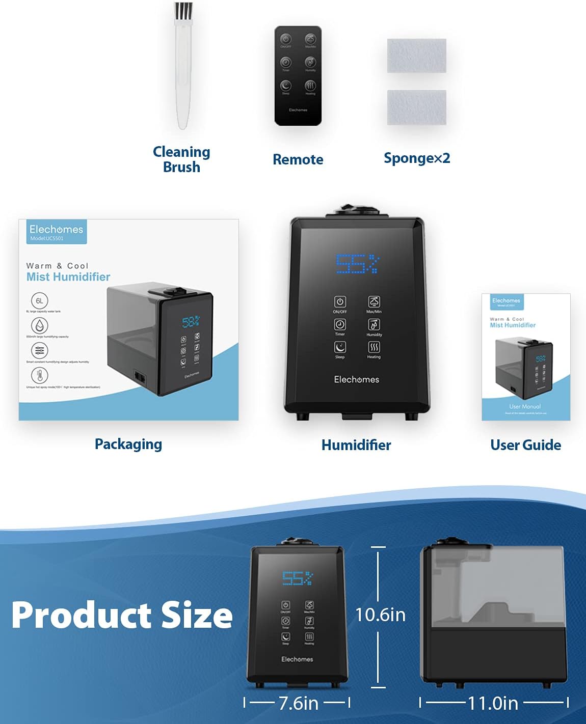 Contents of the Elechomes humidifier package: cleaning brush, remote control, two sponges, packaging, humidifier unit, and user guide.