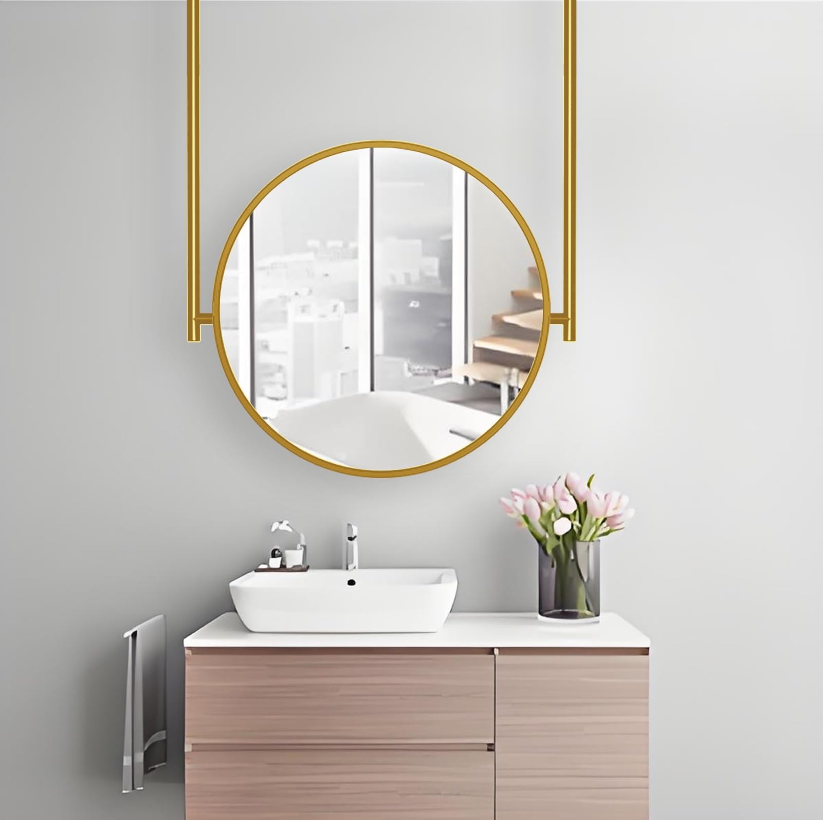 FGXHHS Gold Metal Framed Mirrors for Wall, Round Bathroom Ceiling Hanging Mirror, Customizable Rod Vanity Floating Makeup Shaving Mirror(Diameter-40CM/15.7INCH)