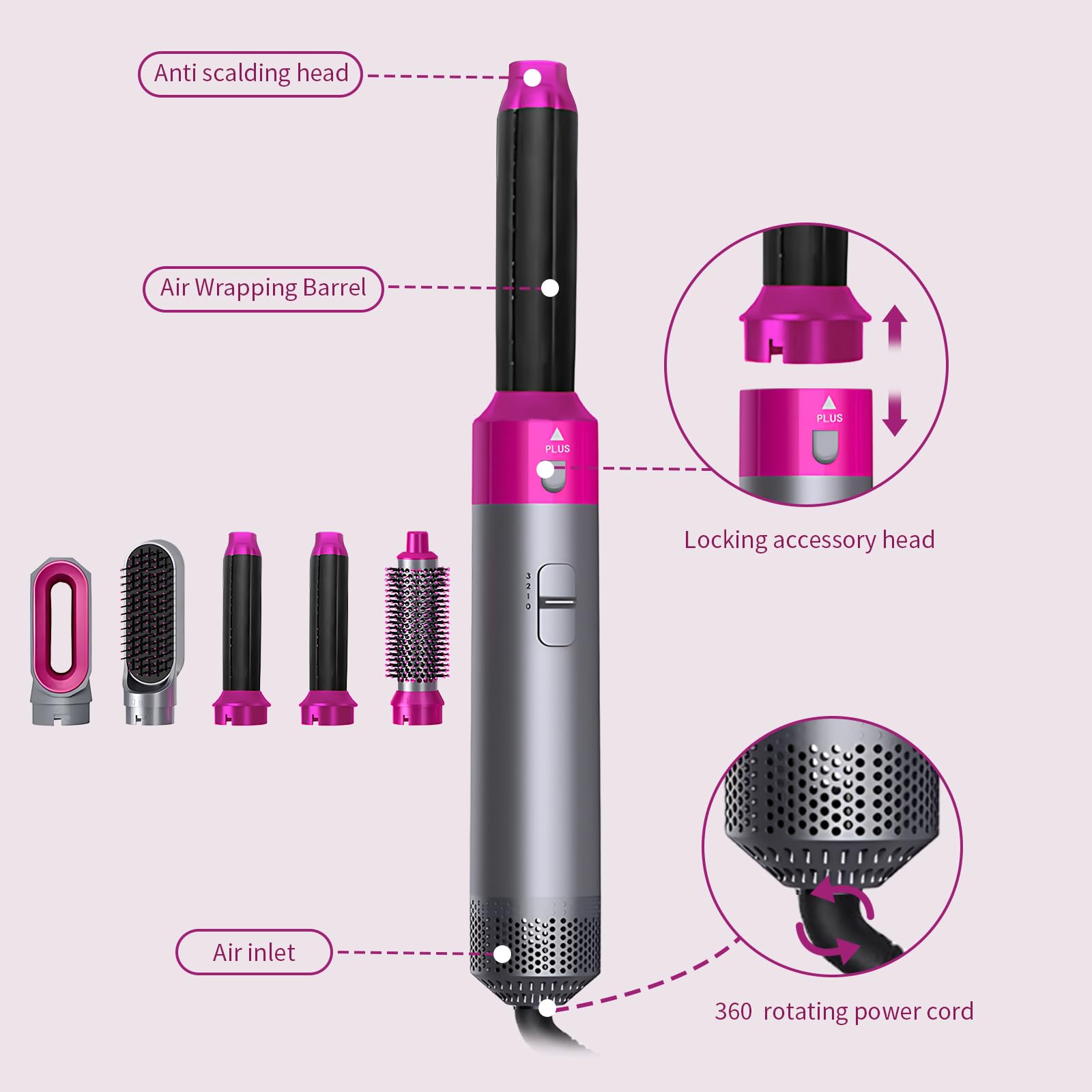 Spazzola Ad Aria Calda 5 in 1 - Spazzola Asciugacapelli 1000W Ferro Arricciacapelli Ioni Negativi con 3 Temperature, Air Styler per Asciugatura Raddrizzamento Stampaggio Volume