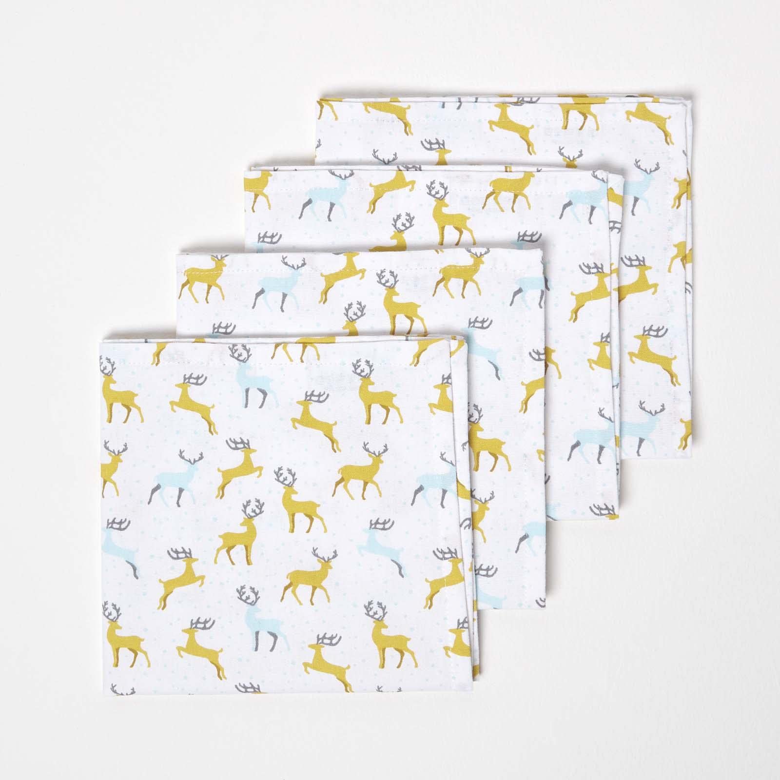 HOMESCAPES Set of 4 Grey & Yellow Napkins Stag Pattern 45 x 45 cm 100% Cotton Christmas “Majestic Stag” Xmas Napkin Set