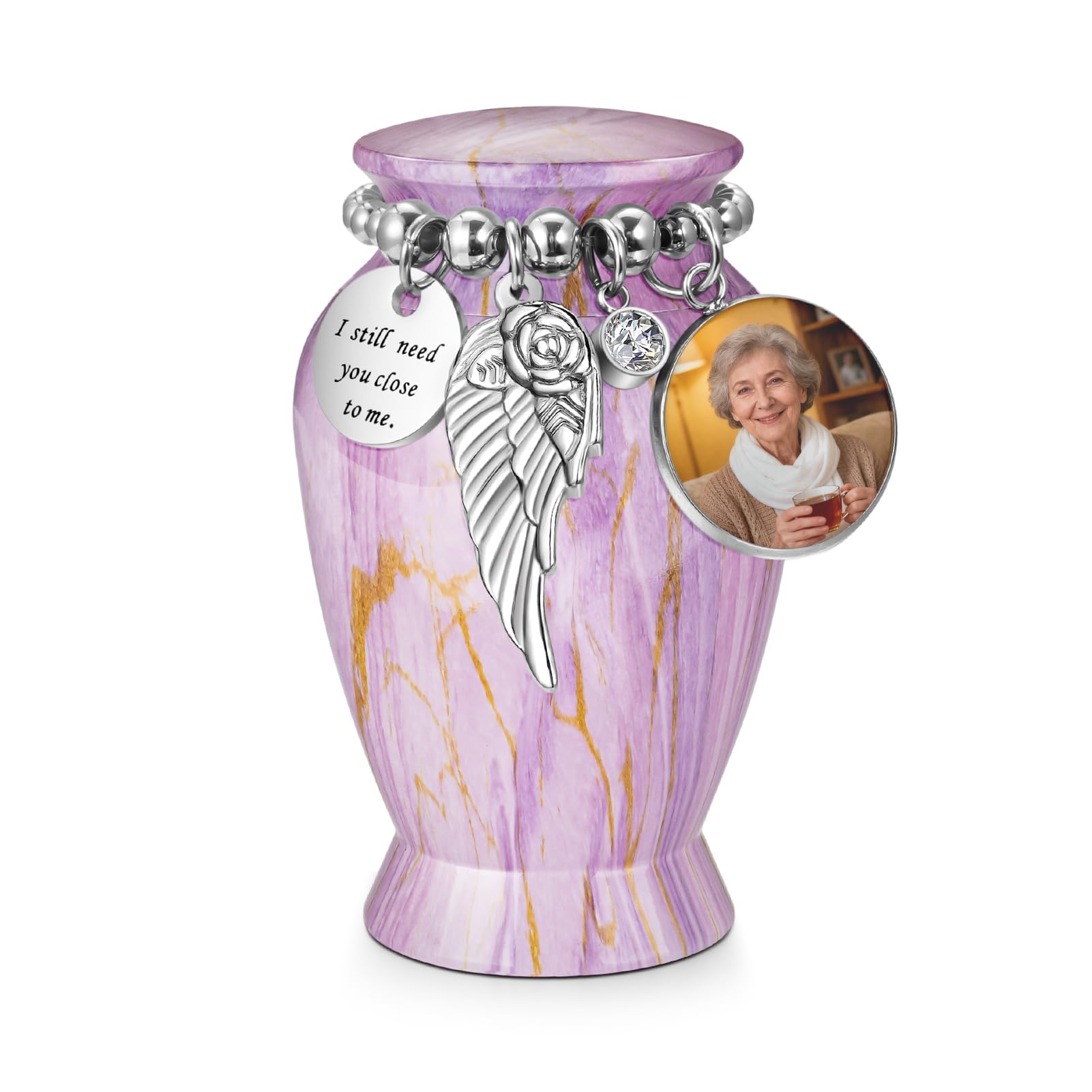 Memorials Small Urns for Human Ashes Keepsake Aluminum Mini Urns for Ashes with Angel Wing Charm Decorative Burial Urn Funeral Cremation Urns for Women and Men (Pink, Customizable)