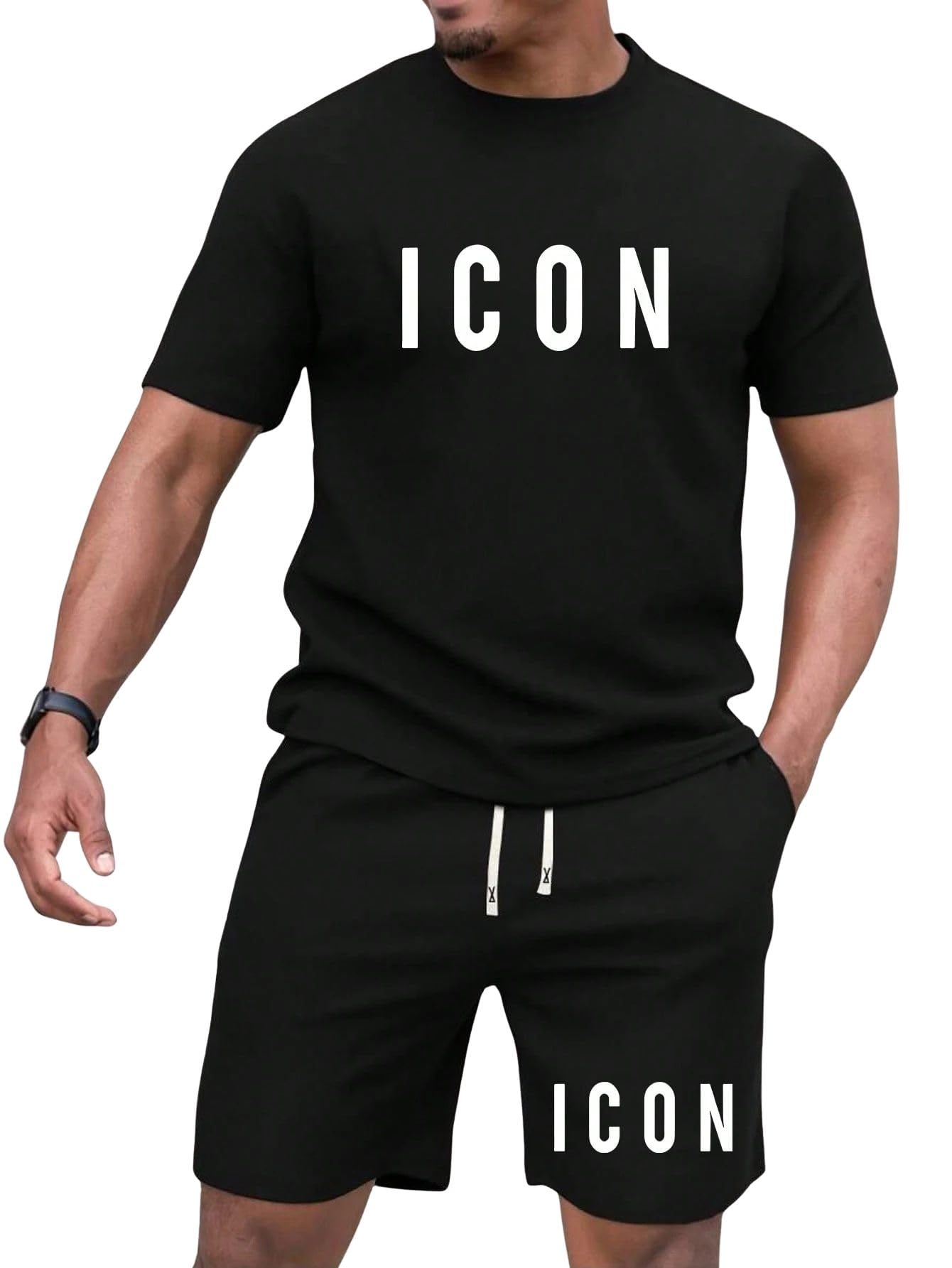 sxv style ICON Men's T-Shirt and Shorts Set, Black, Graphic Print, Casual Athleisure Wear-picture-43