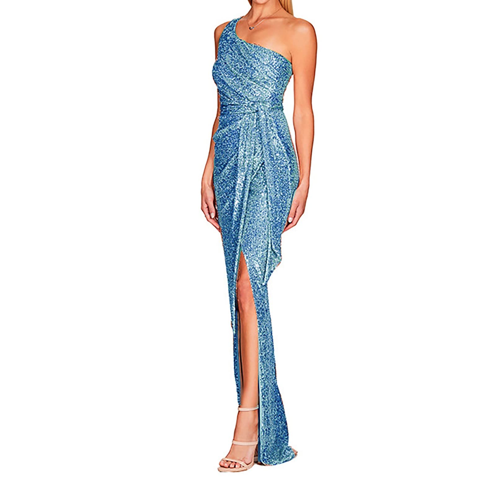 Abito Elegante Donna Lungo - Abito da Donna con Paillettes Plissettato con Spacco in Vita E Cravatta