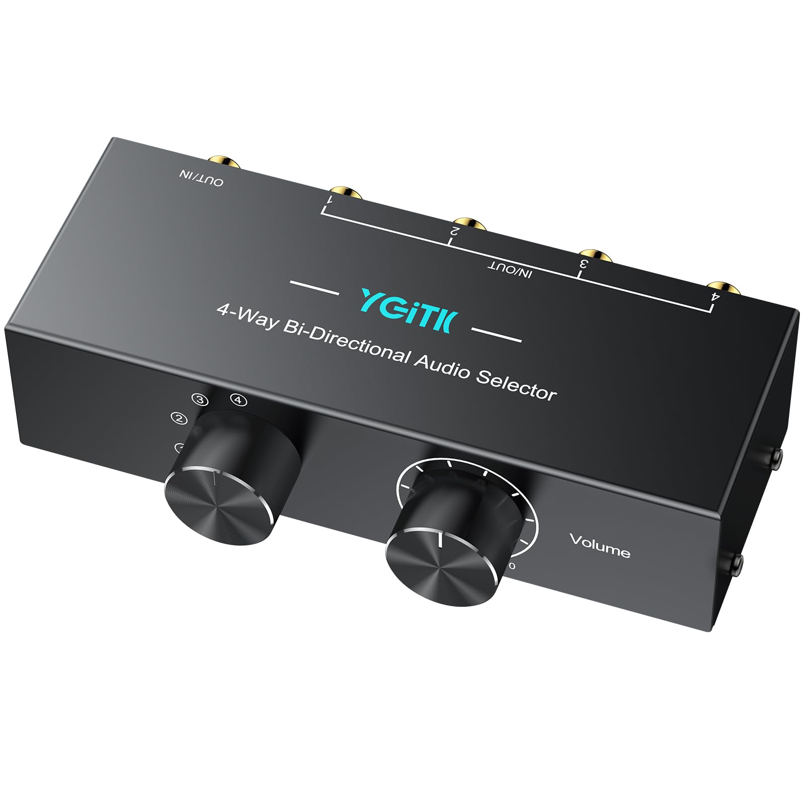 Commutateur Audio Bi-Directionnel 3.5mm & RCA, 1x4 / 4x1 Sélecteur Audio avec Bouton Off et Contrôle du Volume, Convertisseur Audio Passif pour Haut-Parleurs, Casques, Amplificateurs
