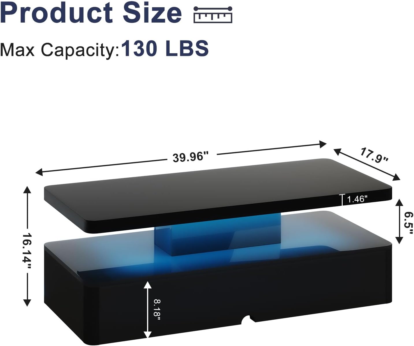 MXV Modern Coffee Table, 40 Inches Coffee Tables with 16 Colors LED Lights, 2 Tier Rectangular Center Table, Large Storage Space, High Glossy Wooden Tea Table for Living Room, Bedroom, Office, Black 40" Black