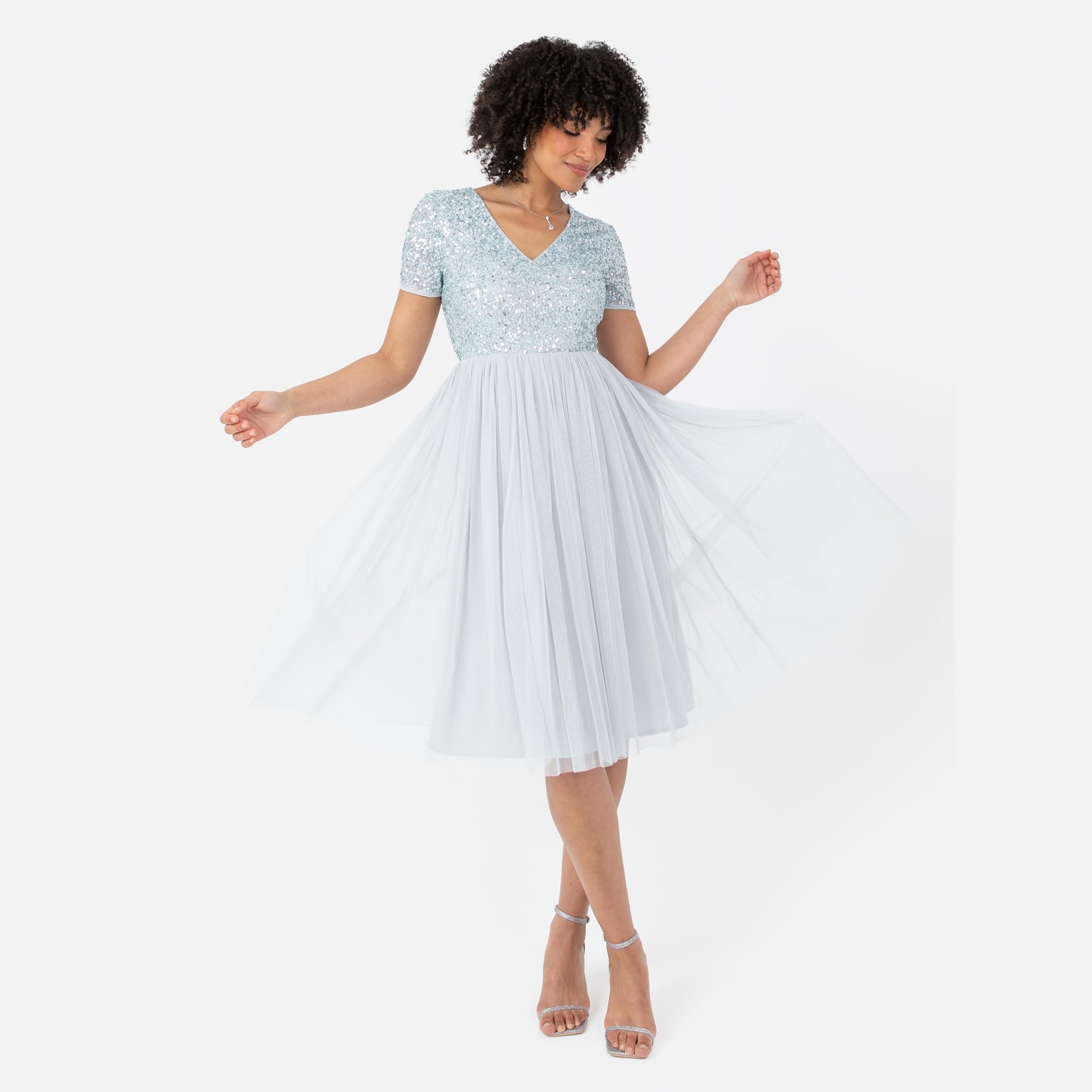 Damen Maya Deluxe Robe de Soirée Midi Ornée D'un Col en V À Manches Courtes Pour Bal de Fin D'année – Bild 2