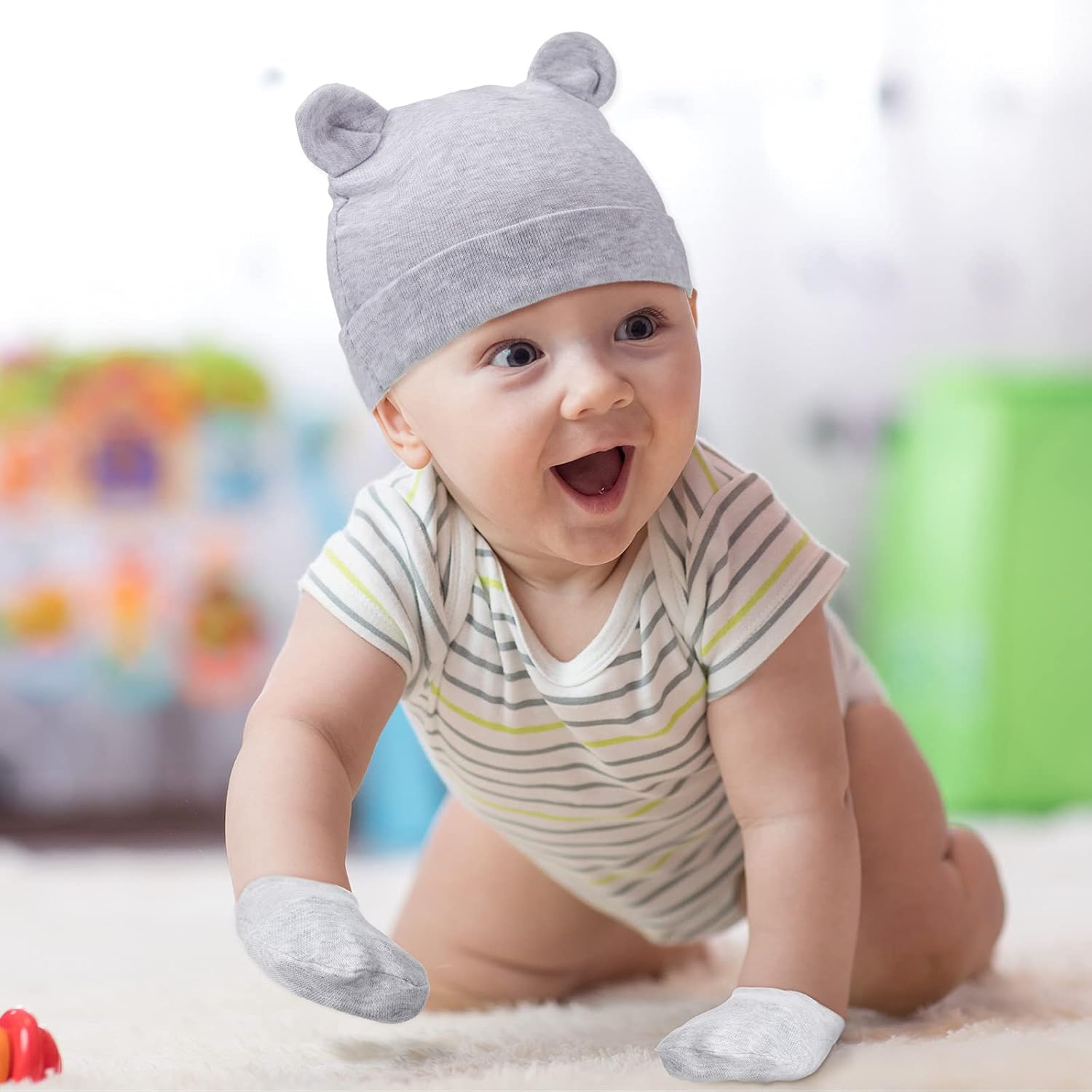 Geyoga 9 Pieces Newborn Baby Hat Mittens Sock Set Bear Ears Hat Mittens No Scratch Gloves for 0-12 Months Boy Girl - Image 6