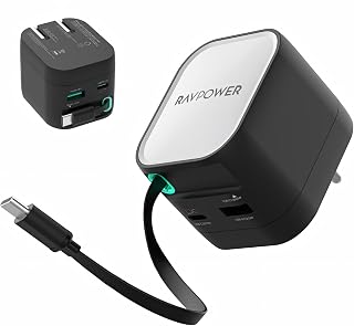 RAVPower 65W GaN PD Fast Charger with Retractable Type-C Cable | 3-Port Wall Adapter (2 USB-C + 1 USB-A) | Foldable Pin Tr... Price In India